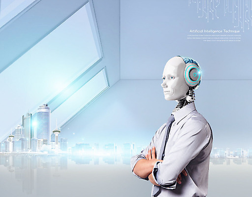 PSD 편집이미지 얼굴 정보기술 빌딩 사람없음 건물 팔짱 회색 스마트 로봇 IT산업 인공 지능 4차산업 AI_인공지능 이미지편집 건축물 산업 컬러 컨셉 모션 기술 신체부위 파일형식