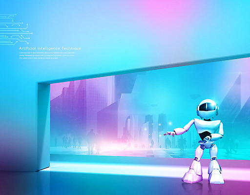 PSD 편집이미지 기술 정보기술 빌딩 사람없음 건물 파란색 스마트 로봇 IT산업 인공 지능 4차산업 AI_인공지능 이미지편집 건축물 산업 컬러 컨셉 파일형식