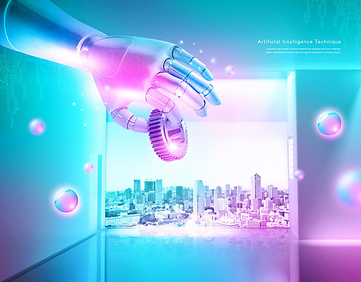 PSD 편집이미지 손 기술 정보기술 사람없음 건물 파란색 잡기 스마트 로봇 톱니바퀴 IT산업 로봇팔 인공 지능 4차산업 AI_인공지능 이미지편집 건축물 산업 컬러 컨셉 모션 신체부위 파일형식