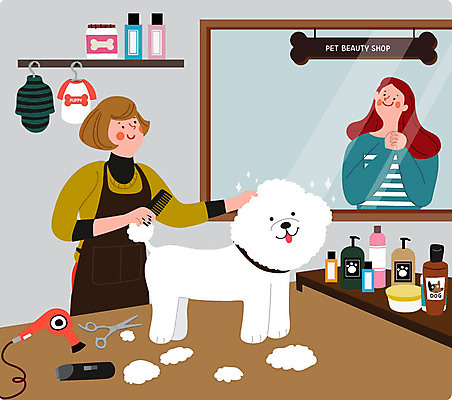 한마리 여자 반려견 일러스트 사람 상반신 두명 반려동물 강아지 미용사 즐거움 반려 애견미용 애견미용사 애견샵 여자만 국내일러스트 AI파일 동물 직업 1 감정 뷰티 개 파일형식 벡터