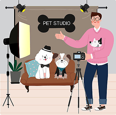 전신 남자 반려견 두마리 일러스트 조명 한명 사람 반려동물 사진촬영 강아지 사진사 기념사진 반려 사진관 남자한명만 국내일러스트 AI파일 동물 1 2 촬영 개 작가 남자만 파일형식 벡터