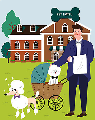 전신 남자 반려견 두마리 일러스트 호텔 한명 사람 반려동물 강아지 유모차 호텔리어 반려 남자한명만 애완호텔 개모차 국내일러스트 AI파일 동물 직업 1 2 숙소 아기용품 개 애견용품 남자만 파일형식 벡터