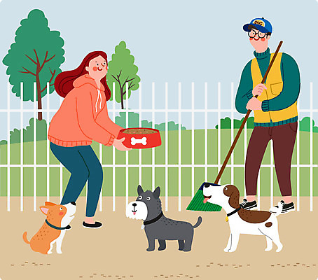 전신 여자 남자 반려견 일러스트 세마리 사람 두명 반려동물 봉사 강아지 자원봉사자 보호 반려 유기견 유기동물 국내일러스트 AI파일 동물 컨셉 3 도움 개 파일형식 벡터