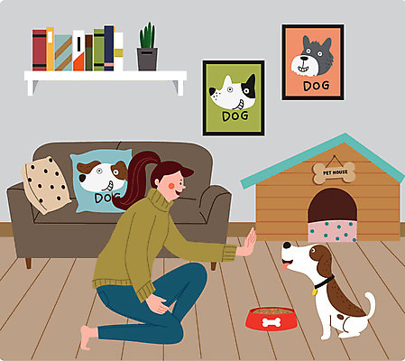 전신 한마리 여자 반려견 일러스트 모션 한명 사람 손짓 반려동물 기다림 강아지 연습 교정 개집 반려 여자한명만 국내일러스트 AI파일 동물 1 개 애견용품 여자만 파일형식 벡터