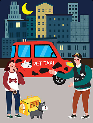 전신 여자 남자 반려견 두마리 일러스트 사람 두명 반려동물 강아지 야간 택시 반려 택시기사 국내일러스트 AI파일 자연요소 동물 2 승용차 자동차 운전사 개 파일형식 벡터