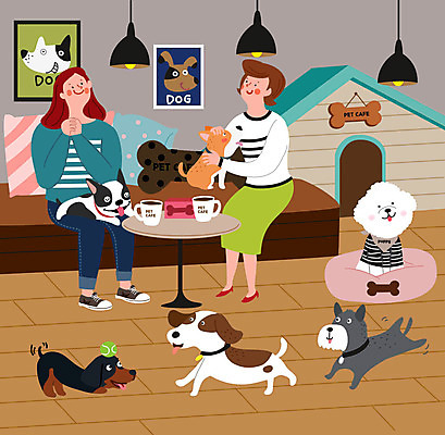 전신 여자 반려견 여러마리 일러스트 사람 두명 반려동물 강아지 반려 애견카페 여자만 국내일러스트 AI파일 동물 다수 카페 개 파일형식 벡터