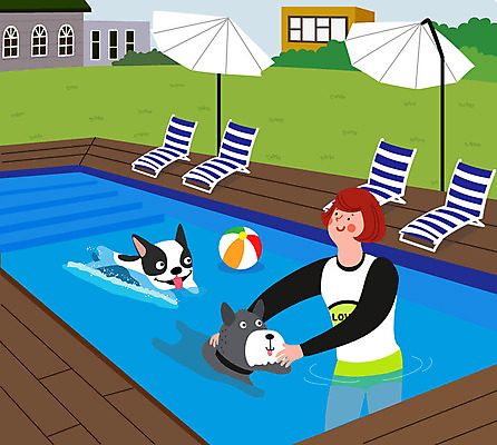 여자 교육 반려견 두마리 일러스트 야외수영장 수영장 한명 사람 상반신 반려동물 수영 파라솔 강아지 연습 선베드 반려 여자한명만 국내일러스트 AI파일 동물 1 2 의자 수상스포츠 개 여자만 파일형식 벡터