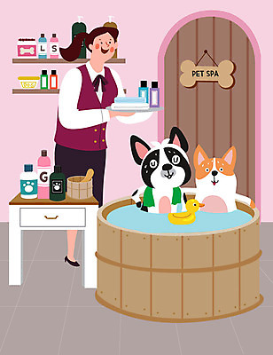 전신 여자 반려견 두마리 일러스트 한명 사람 반려동물 스파 목욕 강아지 반려 여자한명만 애견스파 국내일러스트 AI파일 동물 1 2 청결 개 여자만 파일형식 벡터