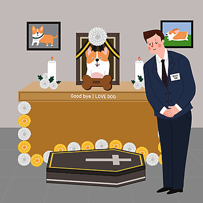 전신 남자 반려견 일러스트 한명 사람 반려동물 강아지 관 장례 반려 영정사진 장례식 남자한명만 국내일러스트 펫로스증후군 반려동물장례 AI파일 동물 1 개 질병 남자만 파일형식 벡터