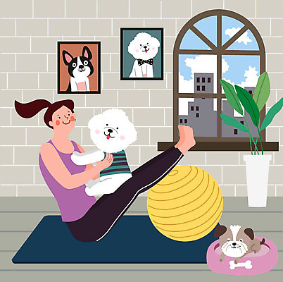 전신 여자 화분 반려견 두마리 일러스트 요가 한명 사람 반려동물 매트 짐볼 강아지 반려 여자한명만 국내일러스트 AI파일 동물 1 웰빙 2 개 여자만 파일형식 벡터