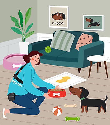 전신 한마리 여자 반려견 일러스트 방석 한명 사람 반려동물 소파 강아지 개사료 반려 여자한명만 펫시터 국내일러스트 AI파일 동물 직업 1 의자 개 먹이 여자만 파일형식 벡터