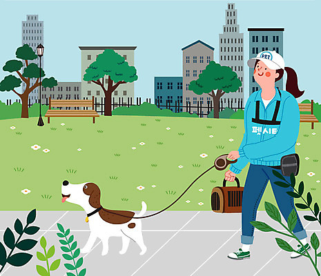 전신 공원 여자 반려견 일러스트 한명 사람 반려동물 산책 강아지 목줄 반려 여자한명만 펫시터 국내일러스트 AI파일 동물 직업 1 공공시설 휴식 개 여자만 파일형식 벡터 반려용품