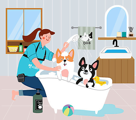 전신 여자 반려견 두마리 일러스트 욕조 한명 사람 반려동물 목욕 욕실 강아지 반려 여자한명만 펫시터 국내일러스트 AI파일 동물 직업 1 2 청결 개 여자만 파일형식 벡터