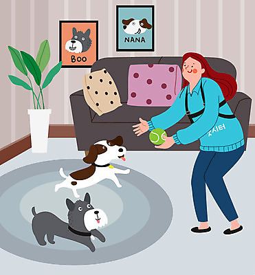 전신 여자 반려견 두마리 일러스트 놀이 한명 사람 반려동물 강아지 공놀이 반려 여자한명만 펫시터 국내일러스트 AI파일 동물 직업 1 2 공 개 여자만 파일형식 벡터