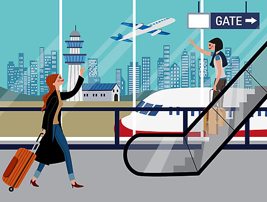 여자 해외여행 여행 일러스트 비행기 사람 두명 친구 캐리어 회색 인사 공항 여자만 국내일러스트 AI파일 해외 컬러 관계 항공교통 교통시설 대중교통 여행가방 예절 파일형식 벡터