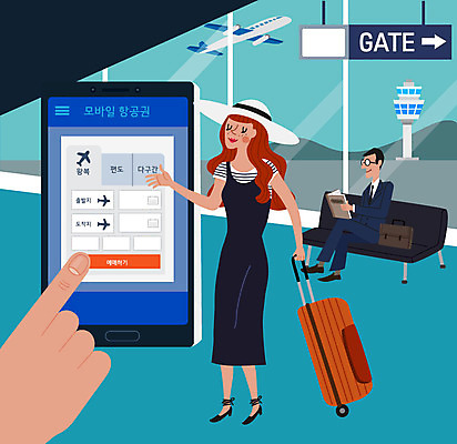 손 여자 남자 해외여행 여행 일러스트 모바일 사람 두명 신체부위 파란색 스마트폰 캐리어 가리킴 공항 항공권 예약 국내일러스트 AI파일 해외 컬러 교통시설 손짓 핸드폰 스마트기기 여행가방 티켓 파일형식 벡터