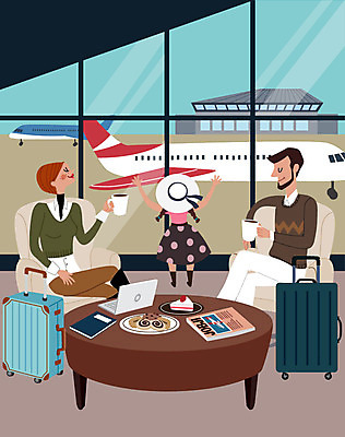 여자 남자 딸 어린이 해외여행 여행 일러스트 가족 엄마 휴식 비행기 사람 세명 갈색 쿠키 케이크 캐리어 아빠 공항 브런치 공항라운지 국내일러스트 AI파일 해외 컬러 컨셉 관계 항공교통 교통시설 디저트 대중교통 여행가방 식사 라운지 파일형식 벡터