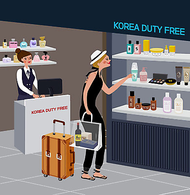 여자 해외여행 여행 일러스트 사람 두명 쇼핑 검은색 화장품 공항 향수 직원 면세 면세점 여자만 국내일러스트 AI파일 해외 컬러 교통시설 뷰티 상점 파일형식 벡터