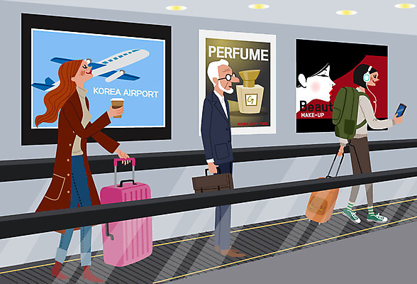 여자 남자 해외여행 여행 이동 일러스트 비행기 사람 빨간색 세명 캐리어 공항 출장 무빙워크 국내일러스트 AI파일 해외 컬러 컨셉 비즈니스 항공교통 교통시설 대중교통 여행가방 파일형식 벡터