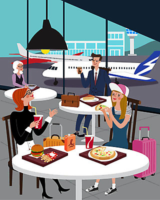여자 남자 할머니 해외여행 여행 일러스트 가족 비행기 사람 여러명 레스토랑 캐리어 검은색 식사 공항 직원 여권 국내일러스트 AI파일 해외 노년 컬러 다수 관계 항공교통 교통시설 대중교통 식당 여행가방 파일형식 벡터