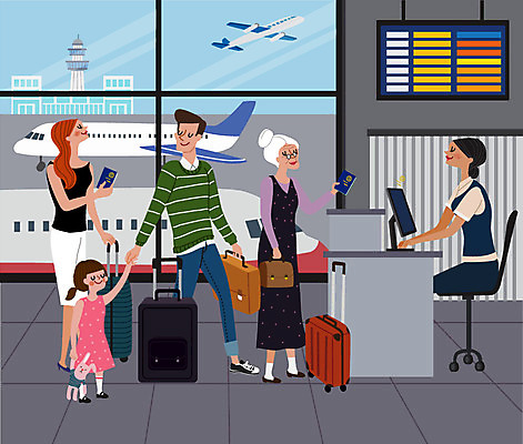 여자 남자 딸 할머니 어린이 해외여행 여행 일러스트 가족 가족여행 사람 세명 부모 회색 공항 직원 여권 줄서기 탑승수속 국내일러스트 AI파일 해외 노년 컬러 관계 교통시설 모션 파일형식 벡터