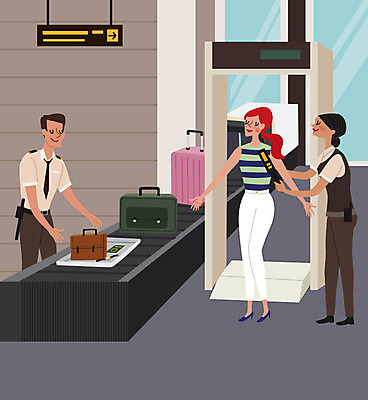 여자 남자 해외여행 여행 일러스트 사람 세명 캐리어 공항 보안 연보라색 경호원 보안장치 검색대 국내일러스트 AI파일 직업 해외 교통시설 안전 여행가방 보라색 장비 파일형식 벡터