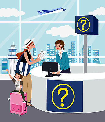 여자 어린이 해외여행 여행 일러스트 안내 사람 세명 노란색 캐리어 공항 프런트 서비스 여자만 국내일러스트 AI파일 해외 컬러 교통시설 여행가방 파일형식 벡터