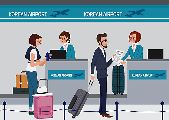 여자 남자 해외여행 여행 하늘색 일러스트 사람 여러명 캐리어 공항 승무원 항공권 수하물 체크인카운터 국내일러스트 AI파일 직업 해외 다수 교통시설 파란색 여행가방 티켓 체크인 파일형식 벡터