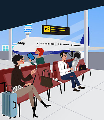 여자 남자 해외여행 여행 일러스트 비즈니스 비행기 세명 갈색 기다림 공항 출장 게이트 국내일러스트 AI파일 해외 컬러 항공교통 교통시설 모션 대중교통 사람 파일형식 벡터