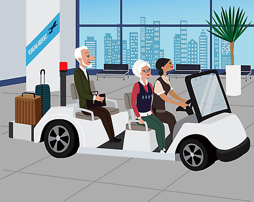 노년 해외여행 여행 이동 일러스트 사람 세명 카트 흰색 도움 공항 직원 서비스 국내일러스트 AI파일 해외 컬러 컨셉 교통시설 성인 파일형식 벡터