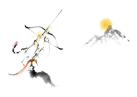 PSD 응시 여자 일러스트 캘리그라피 붓터치 화살 산 한명 들기 사람 성인 당기기 과녁판 목표 결심 한복 활 번짐 활시위 여자한명만 국내일러스트 1 한국전통 시선 컨셉 모션 전통의상 여자만 파일형식 효과