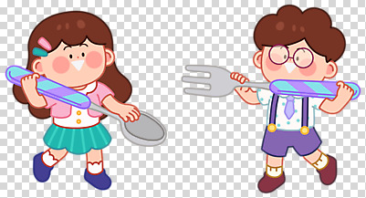 전신 편집 편집이미지 여자 어린이교육 교육 남자 어린이 포크 서기 미소 들기 누끼 두명 숟가락 유치원 PNG 어린이만 편집소스 식기 모션 수저 표정 사람 파일형식