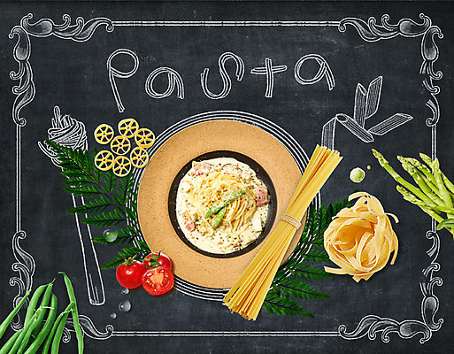 PSD 편집이미지 백그라운드 식재료 방울토마토 파스타 사람없음 검은색 완두콩 초크아트 파스타면 이미지편집 컬러 토마토 콩 서양음식 면류 그림 파일형식