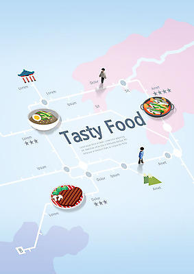 PSD 편집이미지 음식 지도 산 스테이크 사람 성인 두명 파란색 찌개 냉면 약도 길찾기 맛집 제철음식 이미지편집 한식 컬러 여름음식 서양음식 제철 파일형식