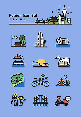 아이콘 꽃 벤치 서울 텐트 사람없음 파란색 세트 탑 자전거 오토바이 라인아이콘 한강 2인용자전거 오리배 가교 세빛섬 2D아이콘 AI파일 식물 건축물 컬러 섬 의자 한국 캠핑도구 바이크 랜드마크 파일형식 벡터