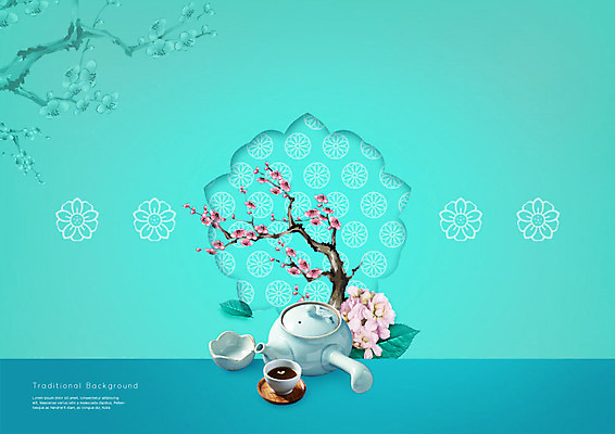 PSD 편집이미지 한국전통 전통 꽃 백그라운드 주전자 사람없음 전통무늬 전통문양 전통차 찻잔 찻주전자 민트색 이미지편집 식물 문양 컬러 무늬 주방용품 잔 한국 차_음료 파일형식