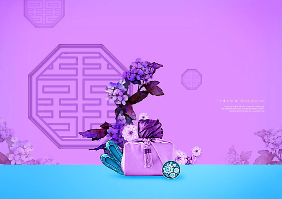 PSD 편집이미지 한국전통 전통 꽃 백그라운드 사람없음 전통무늬 전통문양 보라색 거울 보자기 보따리 꽃신 이미지편집 식물 문양 컬러 신발 무늬 전통소품 한국 파일형식 천_직물