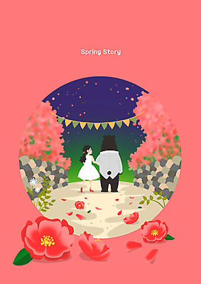 PSD 드레스 여자 꽃 데이트 일러스트 곰 한명 사람 성인 빨간색 봄 동백 돌담길 여자한명만 국내일러스트 식물 동물 1 옷 계절 길 컬러 포유류 돌담 여자만 파일형식