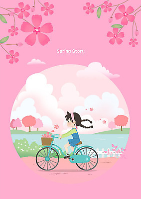 PSD 여자 꽃 분홍색 일러스트 한명 사람 성인 강 자전거 봄 벚꽃 여자한명만 국내일러스트 식물 1 계절 컬러 바이크 여자만 파일형식
