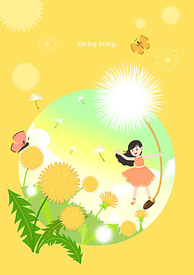 PSD 여자 꽃 나비 일러스트 한명 사람 성인 노란색 봄 비행 민들레 민들레홀씨 여자한명만 국내일러스트 식물 1 계절 컬러 곤충 여자만 파일형식