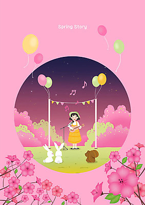 PSD 여자 꽃 분홍색 연주 일러스트 한명 사람 성인 봄 토끼 진달래 다람쥐 풍선 여자한명만 국내일러스트 식물 1 계절 음악 컬러 포유류 반려동물 설치류 여자만 파일형식