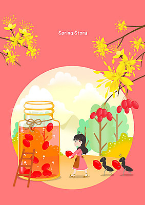 PSD 여자 꽃 일러스트 유리병 한명 들기 사람 성인 빨간색 봄 운반 개미 산수유 여자한명만 국내일러스트 식물 1 계절 컬러 곤충 모션 병_용기 여자만 파일형식