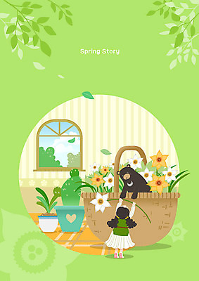PSD 여자 꽃 일러스트 창문 곰 선인장 한명 사람 성인 초록색 바구니 봄 주기 수선화 산수유 여자한명만 국내일러스트 식물 동물 1 계절 컬러 포유류 모션 여자만 파일형식