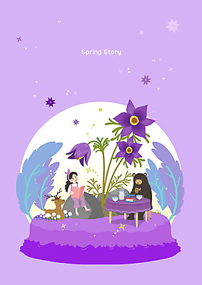 PSD 여자 꽃 일러스트 곰 사슴 한명 사람 성인 독서 보라색 봄 할미꽃 여자한명만 국내일러스트 식물 동물 1 계절 컬러 포유류 여자만 파일형식