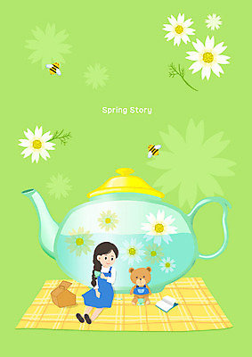 PSD 여자 꽃 일러스트 한명 사람 성인 초록색 소풍 봄 곰인형 차 찻주전자 벌 돗자리 여자한명만 국내일러스트 식물 1 계절 음료 인형 컬러 곤충 주전자 야외활동 여자만 파일형식