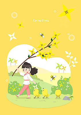 PSD 여자 꽃 일러스트 병아리 한명 사람 성인 노란색 봄 산책 개나리 벌 여자한명만 국내일러스트 식물 1 계절 컬러 곤충 조류 휴식 여자만 파일형식