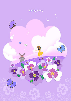 PSD 여자 꽃 나비 일러스트 한명 사람 성인 보라색 봄 풍차 언덕 팬지 여자한명만 국내일러스트 식물 1 계절 컬러 곤충 여자만 파일형식