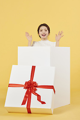 포토 JPG 여자 리본 포장 선물 한명 서기 미소 이벤트 상반신 20대 성인 앞모습 선물상자 쇼핑 상자 한국인 축하 서프라이즈 노란배경 성인여자한명만 국내포토 1 뷰포인트 백그라운드 컨셉 모션 표정 사람 동양인 청년 노란색 여자한명만 성인여자만 파일형식