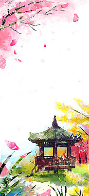 PSD 나무 분홍색 백그라운드 일러스트 따뜻함 사람없음 봄 벚꽃 풀 개나리 정자 봄배경 국내일러스트 식물 건축물 계절 꽃 컬러 파일형식