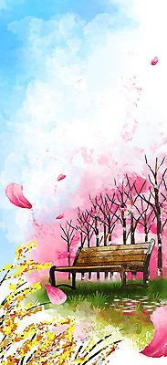 PSD 나무 꽃잎 꽃 분홍색 백그라운드 벤치 의자 일러스트 따뜻함 사람없음 봄 벚꽃 풀 개나리 낙화 봄배경 국내일러스트 식물 계절 컬러 가구 파일형식
